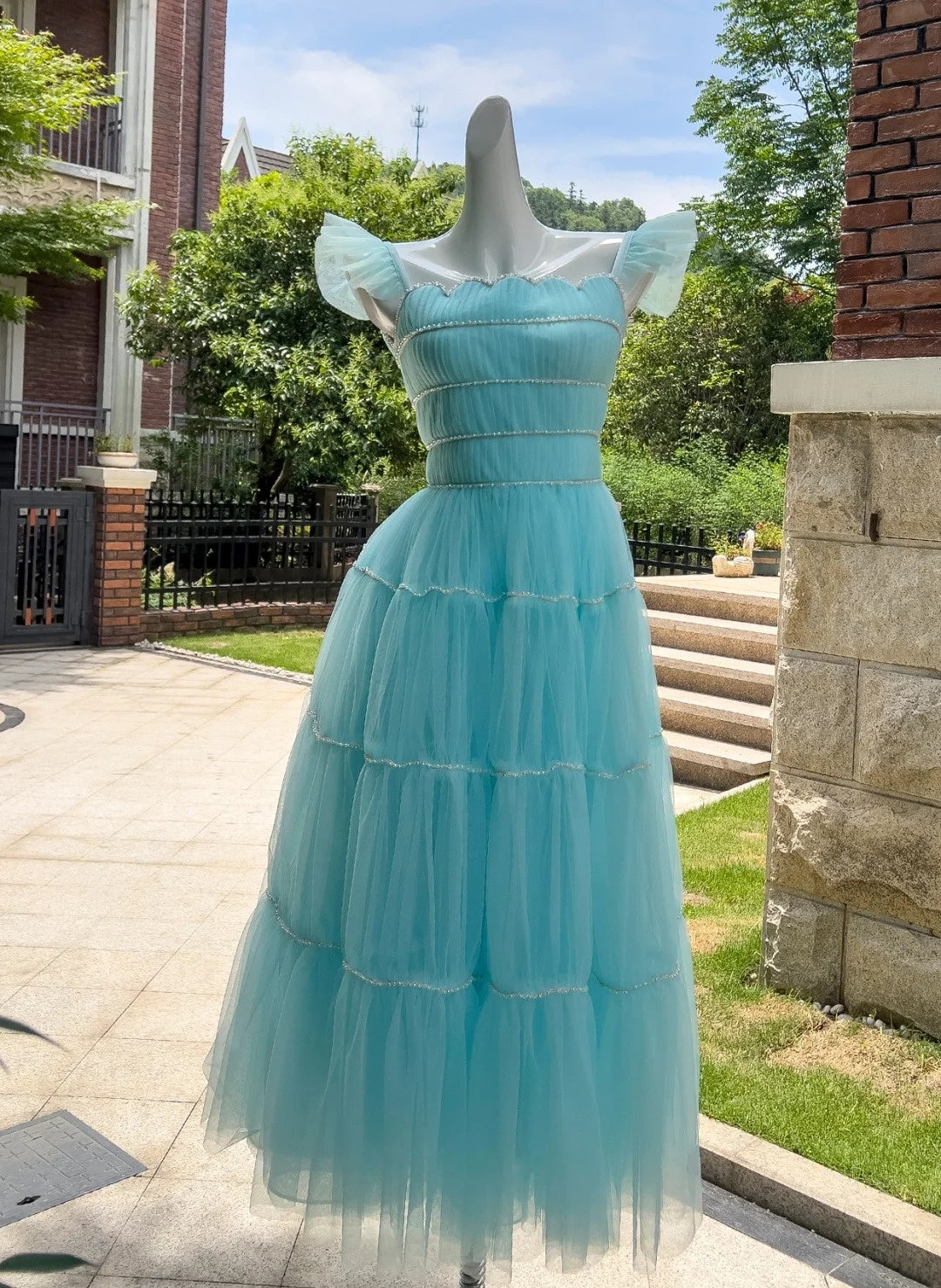 Ruffled Straps A Line Blue Prom Dress Beaded Wedding Guest Dress J10285
