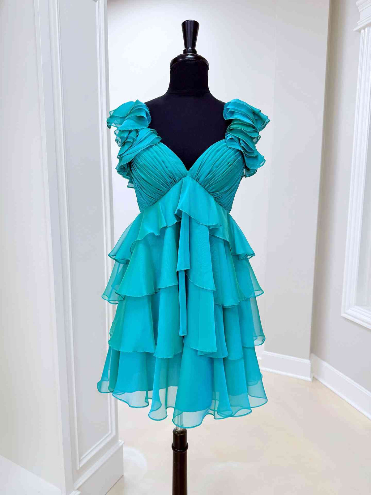 Ruffled Straps Teal Chiffon Homecoming Dress Layered Short Dress J11252