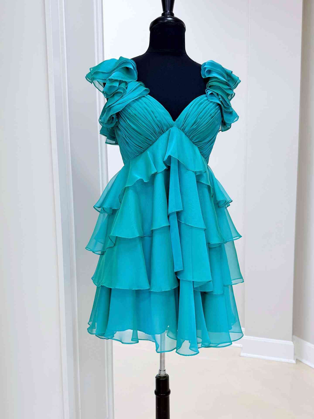 Ruffled Straps Teal Chiffon Homecoming Dress Layered Short Dress J11252