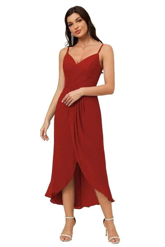 Numbersea Spaghetti Chiffon V Neck Bridesmaid Dress Mid-Length Slit Formal Prom Dress Homecoming Dress 2803 by numbersea