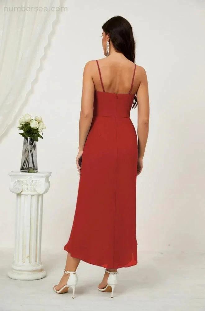 ZapDress Spaghetti Chiffon V Neck Bridesmaid Dress Mid-Length Slit Formal Prom Dress Homecoming Dress 2803 (ZD16952)