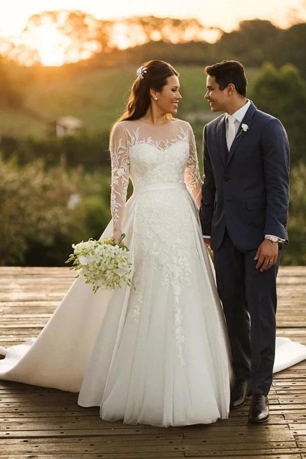 Rustic Lace Long Sleeves Tulle Wedding Dress With Detachable Satin (ZD16191) - VelvetHem