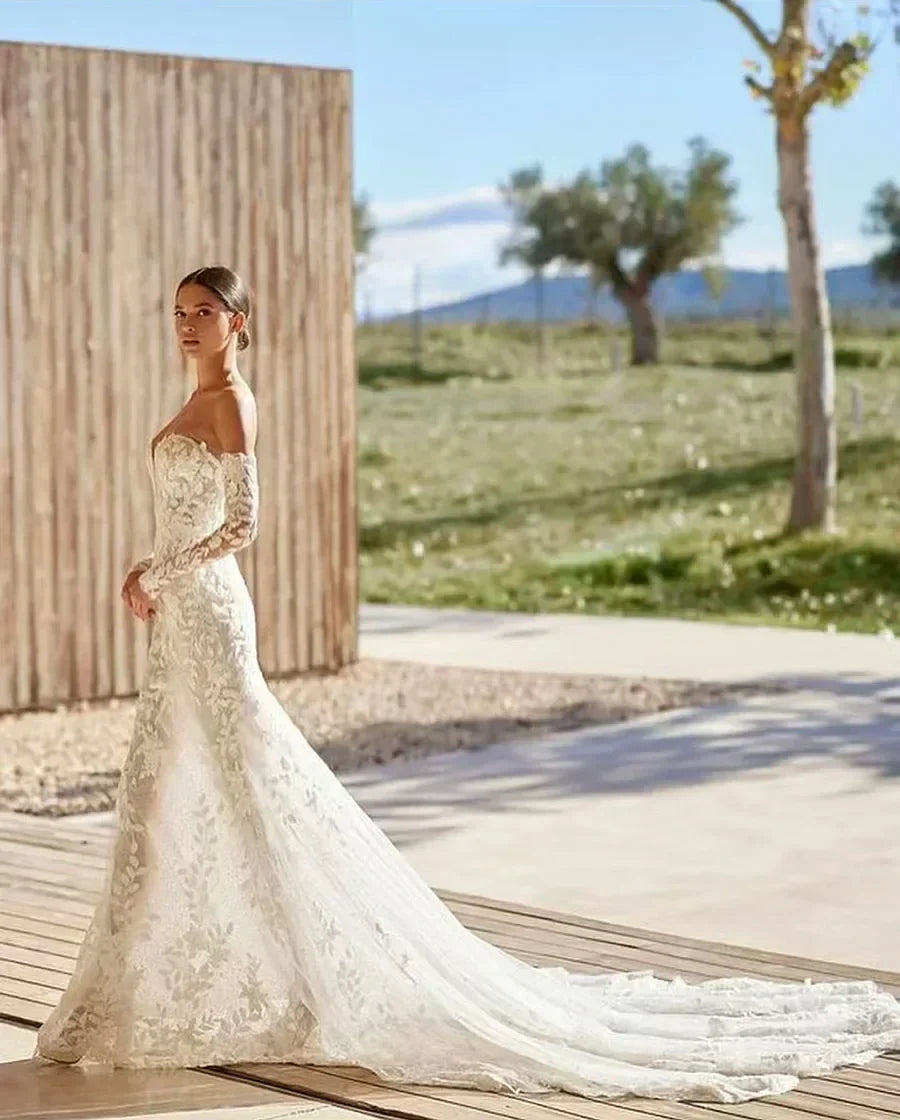 Elegant Lace Appliques Mermaid Wedding Dresses for Bridal 2026 Detachable Long Sleeves Sweetheart - View 3 | FashionDia