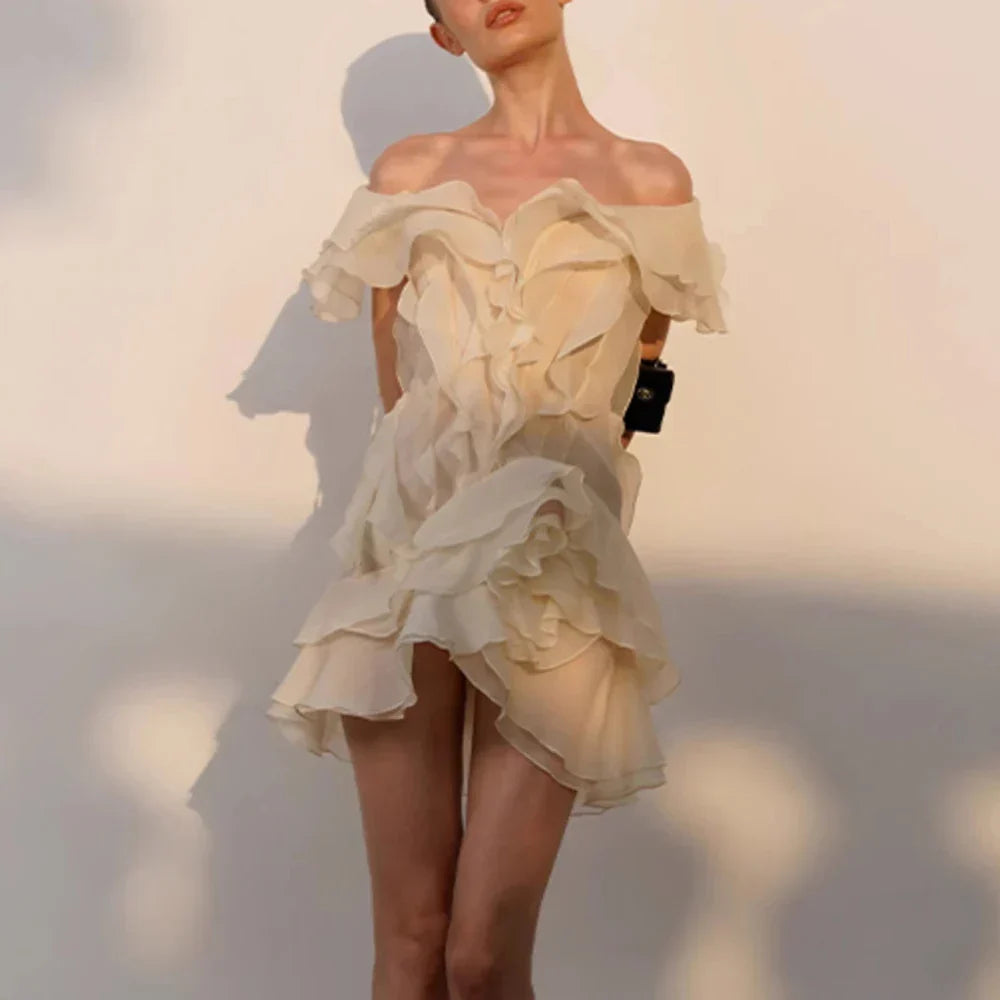 Slash Neck Ruffle Spliced Floral Dress - View 2 | VelvetHem