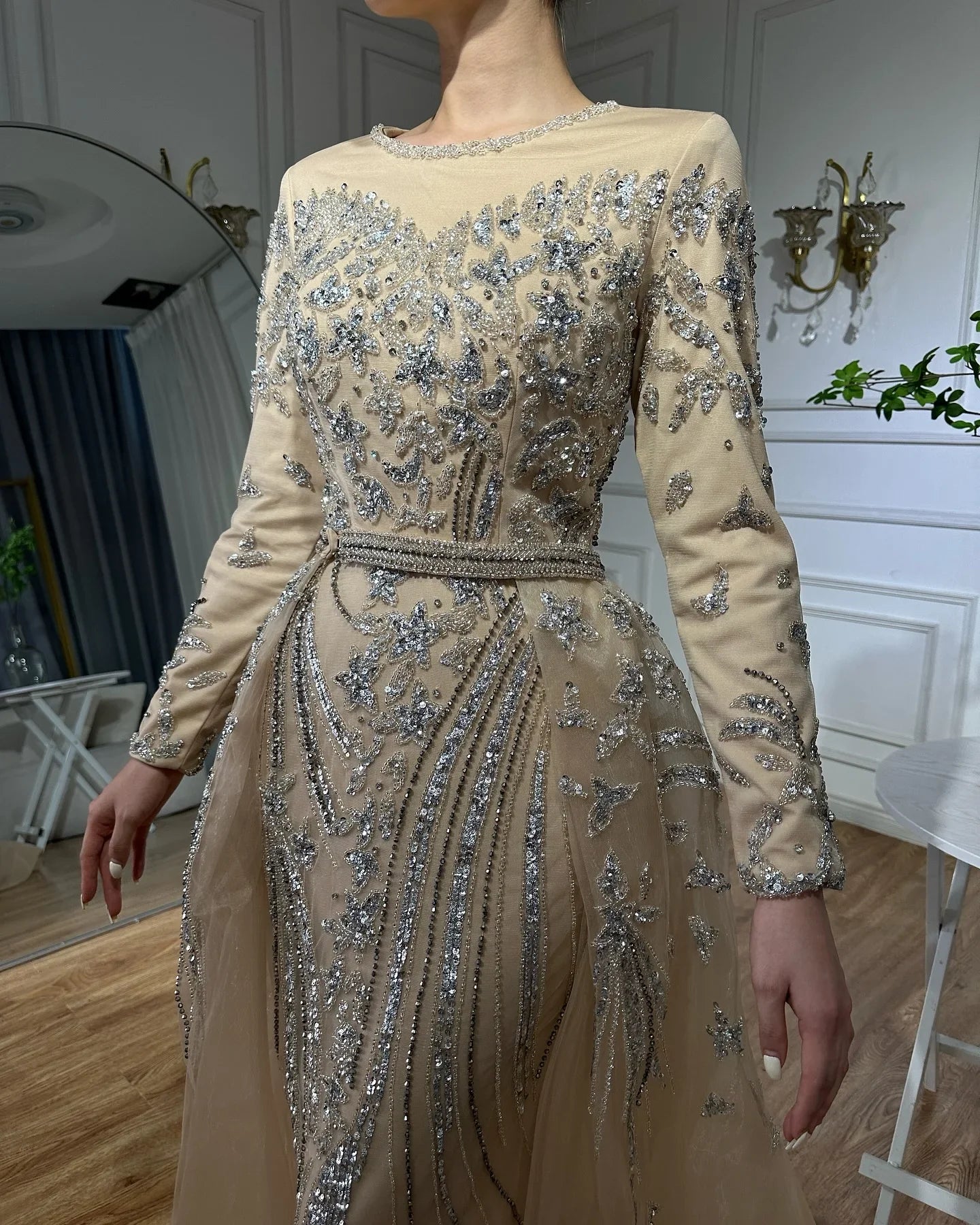 Zapdress Customized Nude Long Sleeves Mermaid Beaded Muslim Evening Dresses Overskirt Dubai Party Gowns For Women (ZD17233)