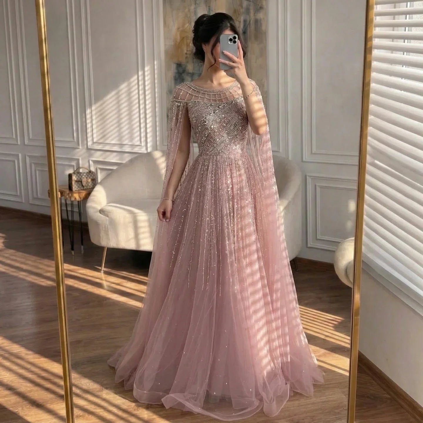 Zapdress Pink A-line Evening Dress with Cape Sleeves Beaded Wedding Party Gowns for Women DLA72994 Customized (ZD17258)