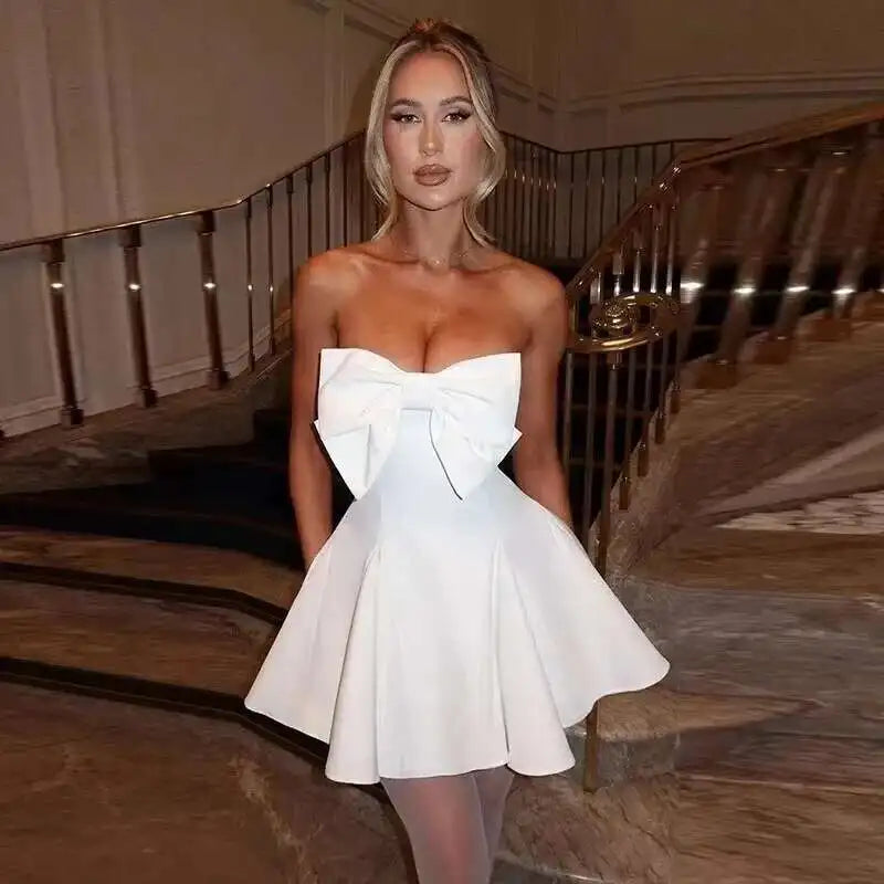 Pearl Bow Waist Wrap Backless Mini Dress