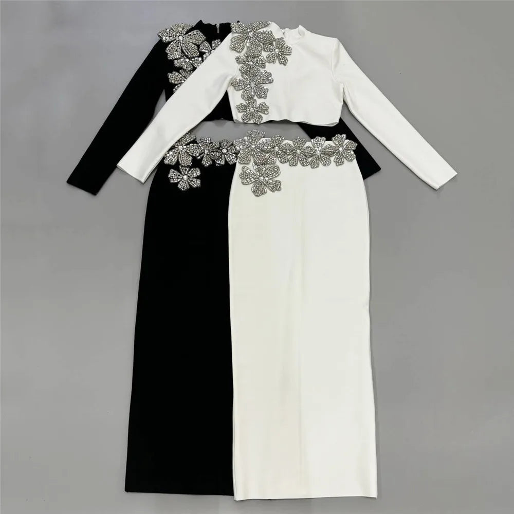Black Red Women Long Sleeve Diamond Florals 2 Pieces Bodycon Long Bandage Dress Celebrate Evening Party Christmas Dress WHITE