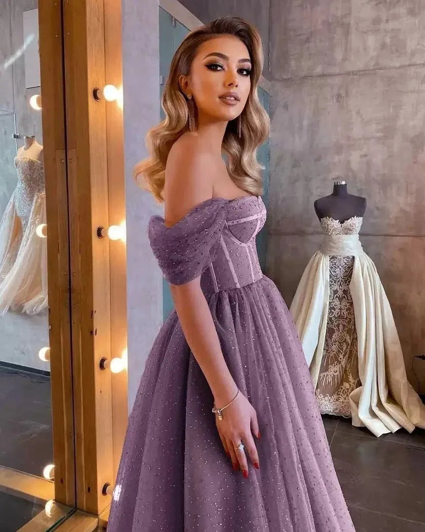 Glitter Sequin Tulle Prom Dress Off The Shoulder Pleat Ruched Princess Homecoming Dresses vestidos de graduación
