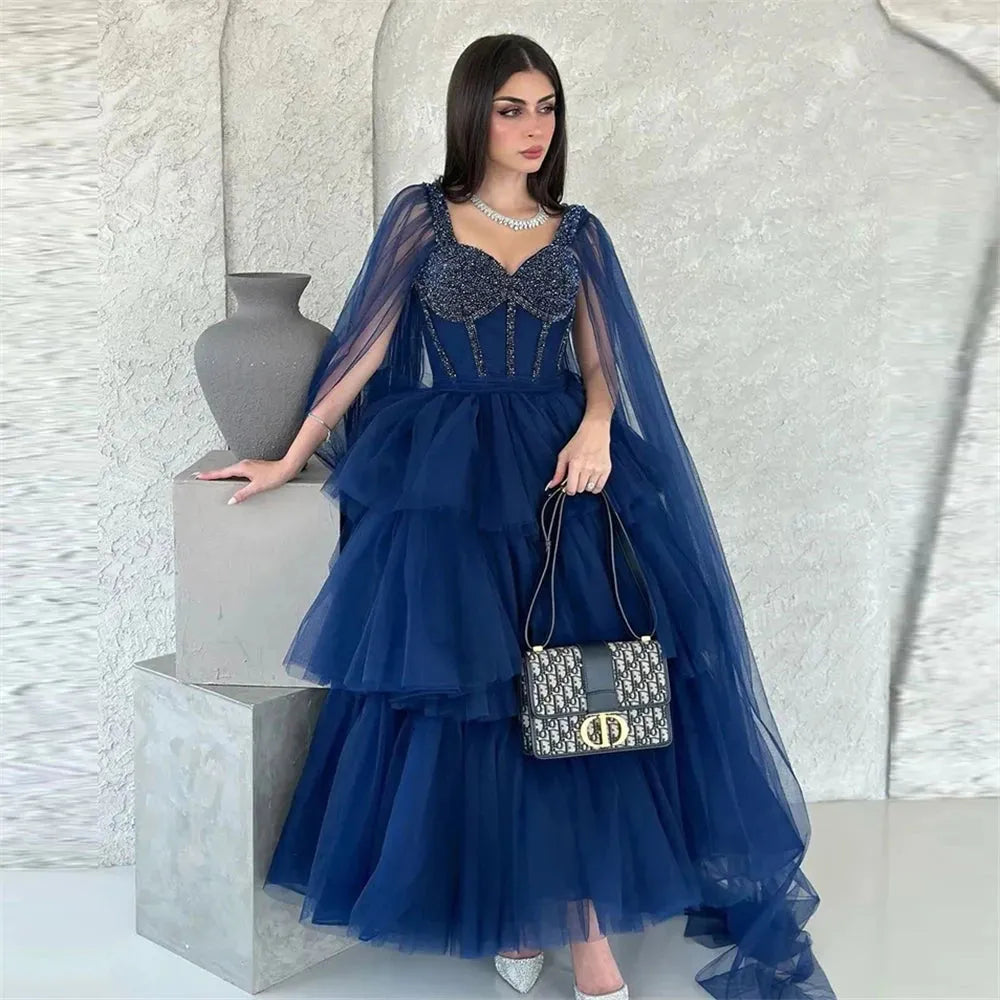 Elegant Royal Blue Tulle Evening Dresses Appliques Tiered Long Cape Sleeves Women Formal Occasion Prom Dress for women As Picture