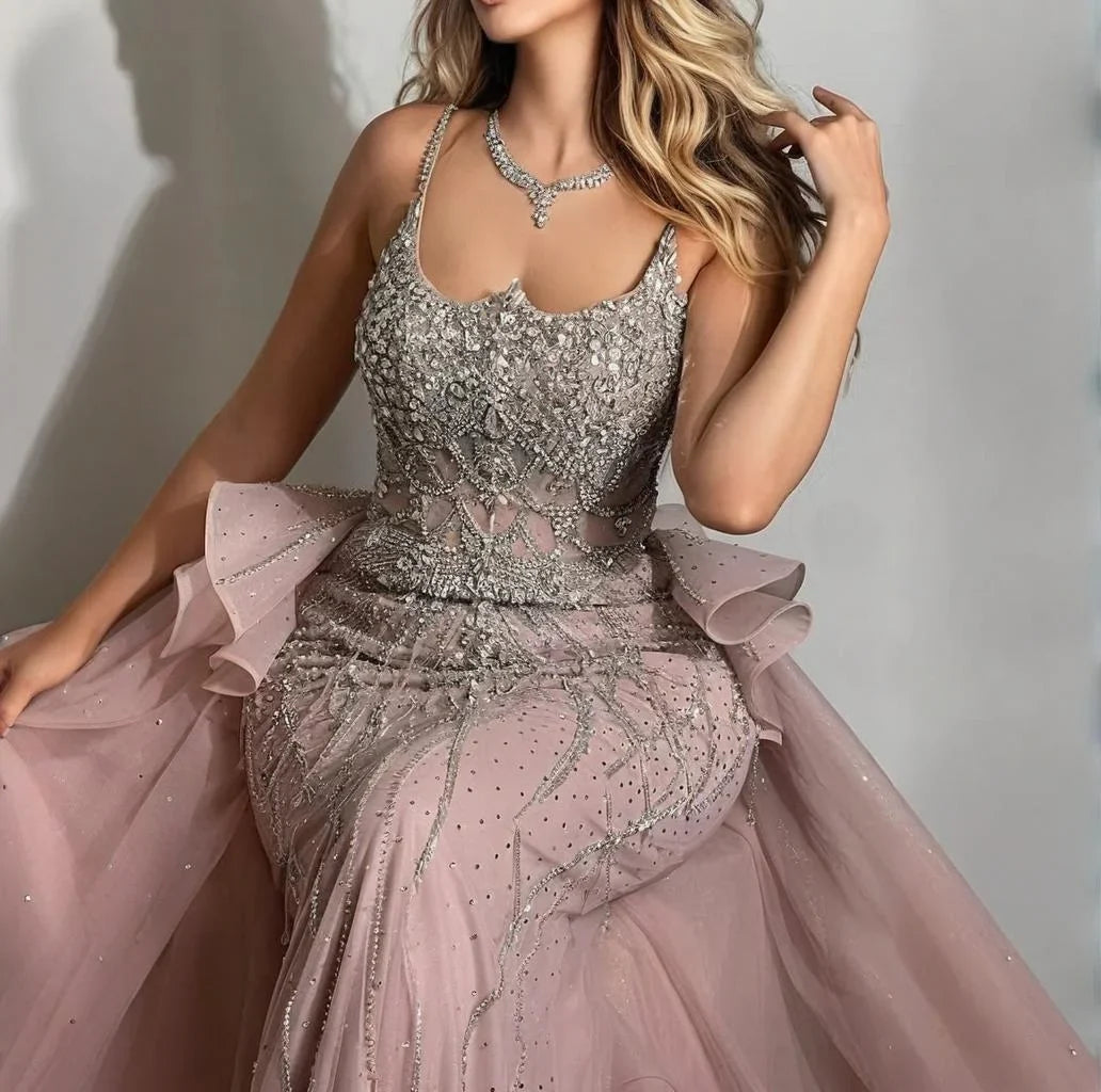 Zapdress Pink Spaghetti Strap Mermaid Beaded Evening Dresses with Overskirt Formal Party Gowns for Women DLA72810 Customized (ZD17232)