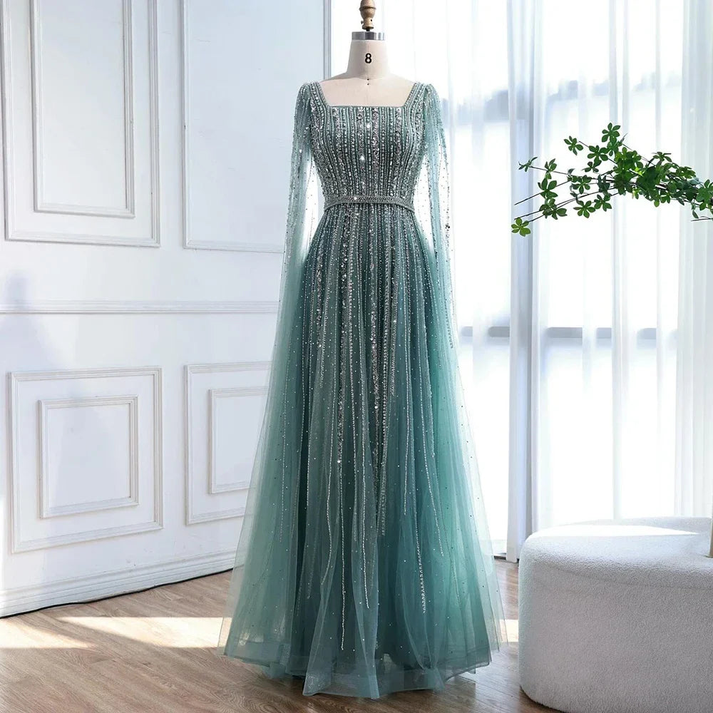Zapdress Turquoise Square Collar Beaded Evening Dress with Cape Sleeves Dubai Pary Gowns for Women DLA73188 Customized (ZD17252)