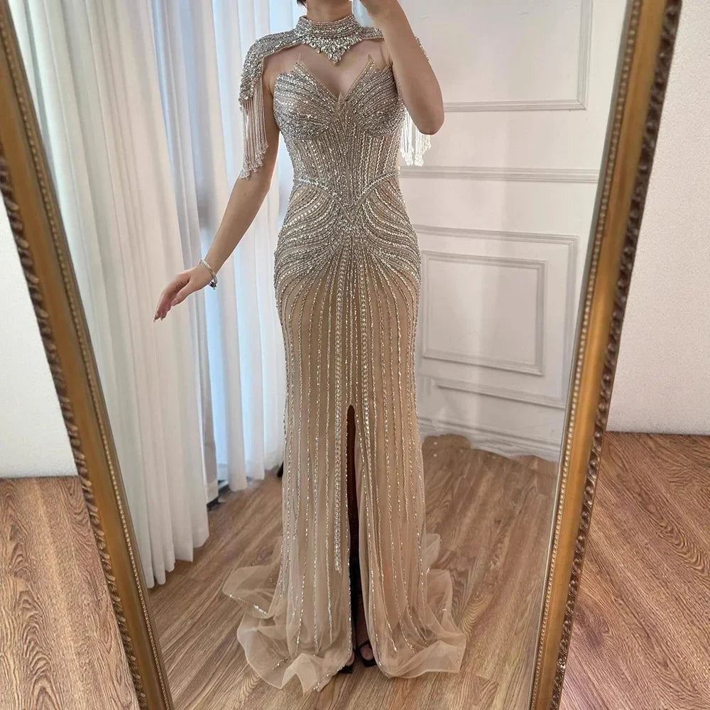 Zapdress Pink Beaded Tassel Mermaid Evening Dress with Split Formal Party Gowns for Women 2026 DLA72891A Customized (ZD17360)
