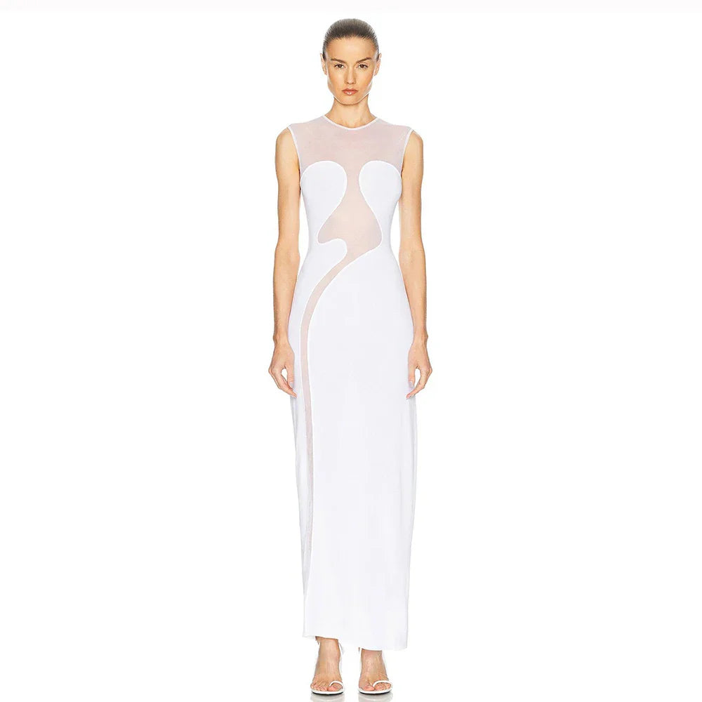 Elegant Mesh Patchwork Sleeveless Bodycon Party Club Evening Dress Sexy Bodycon Perspective Vestido Summer Clothing MULTI