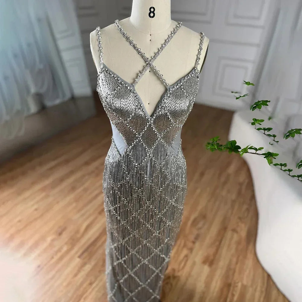 Zapdress Silver Mermaid Gold Evening Gowns Luxury Beaded Tassel Spaghetti Strap Party Dresses For Women DLA72280 Customized (ZD17197) - View 3 | VelvetHem