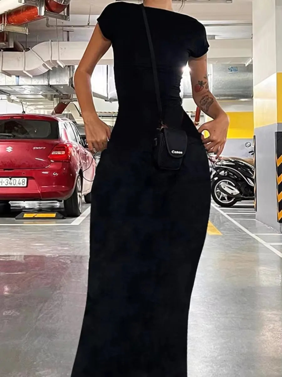 Solid Short Sleeve Backless Maxi Dress - View 5 | VelvetHem