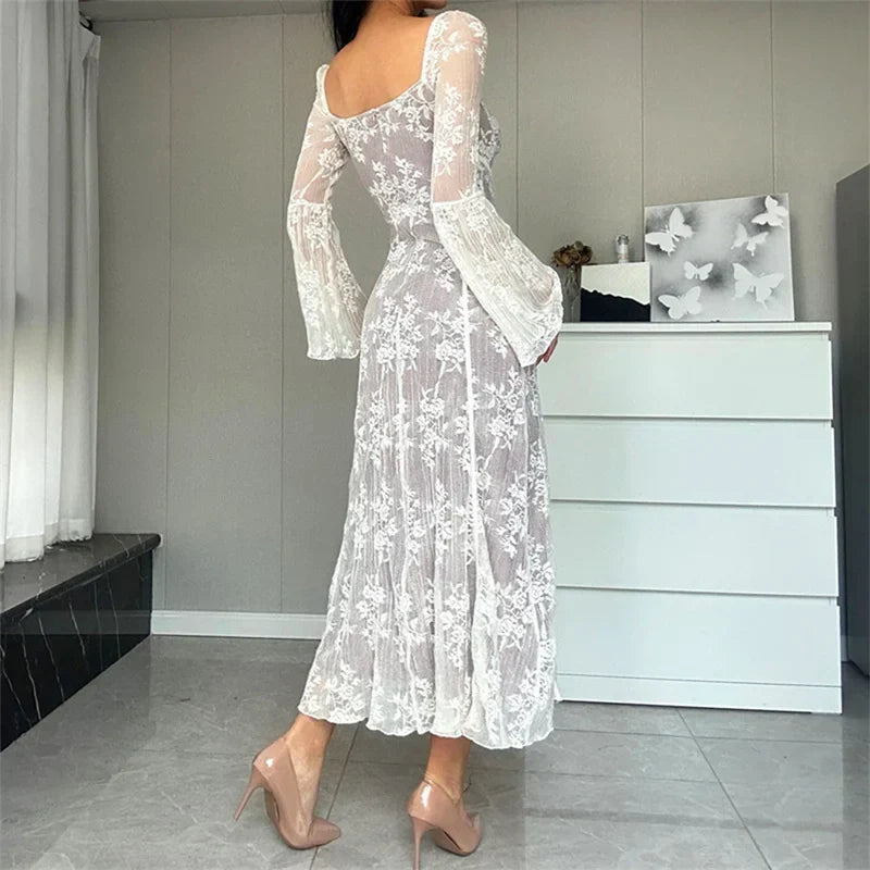 Lace Flared Sleeve A-Line Midi Dress - View 2 | VelvetHem