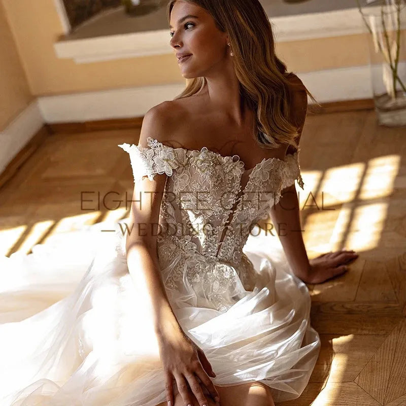 Princess A-Line Wedding Dresses White Off The Shoulder Bridal Dress Elegant Lace Appliques Wedding Gowns Custom Made