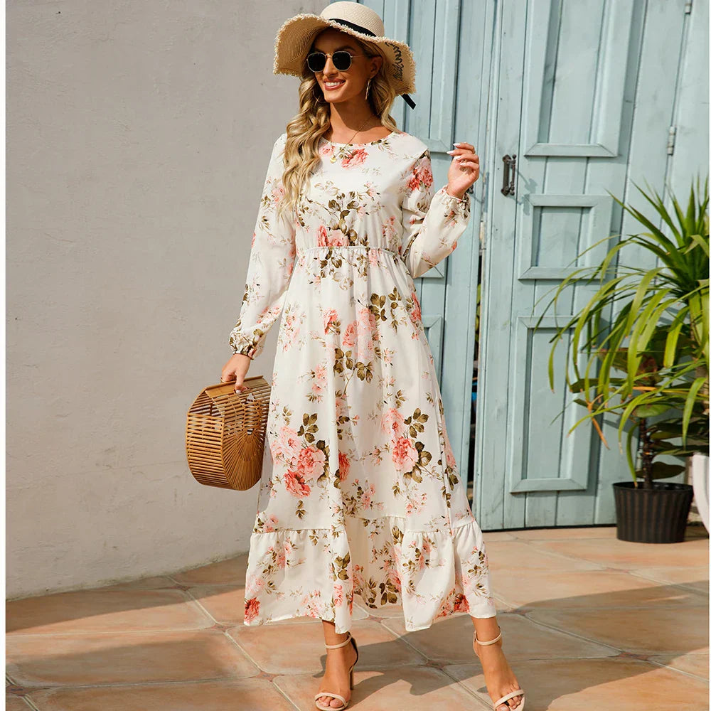 Natasha Effortless Women's Bohemian Floral Chiffon Maxi Dress with Long Sleeves Elevated Occasion Wear