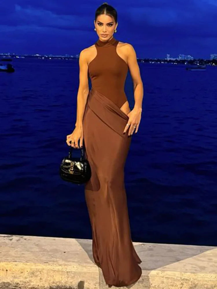 Satin Hollow Out Black Maxi Dress - View 3 | VelvetHem