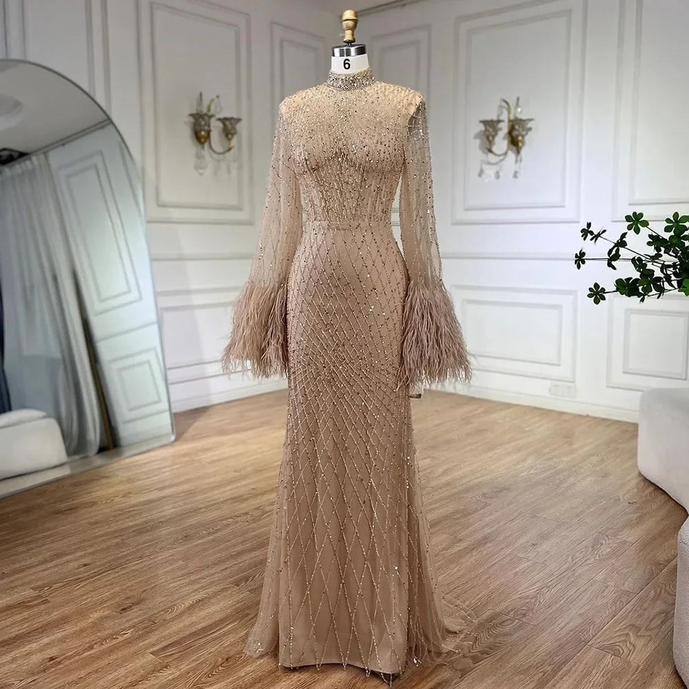 Zapdress Nude High Neck Long Sleeves Feathers Mermaid Beaded Evening Dress Party Gowns for Women DLA72394 Customized (ZD17242)
