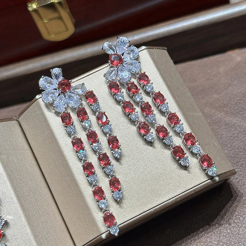Vintage Red AAA Zircon Bridal Earrings Cubic Zirconia Wedding Earring Brides Accessories Dinner Party Dress Jewelry - View 6 | FashionDia