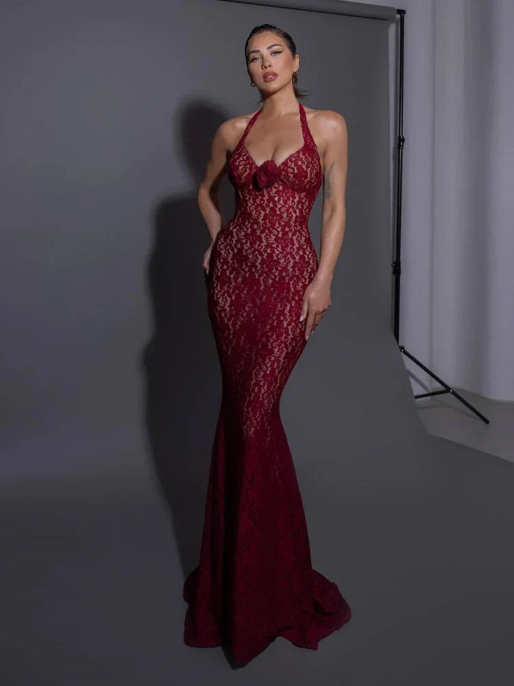 Flower Mermaid Burgundy Maxi Lace Dress - View 5 | VelvetHem