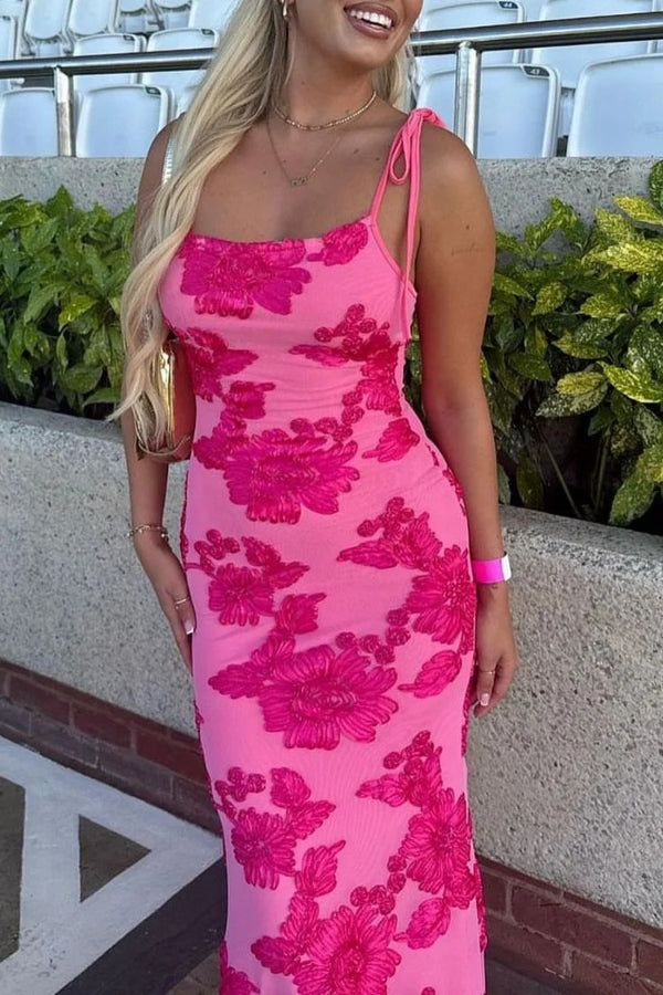 Gorgeous Pink Satin Print Floral Evening Dress Long Mermaid Prom Party Dress - View 2 | FashionDia