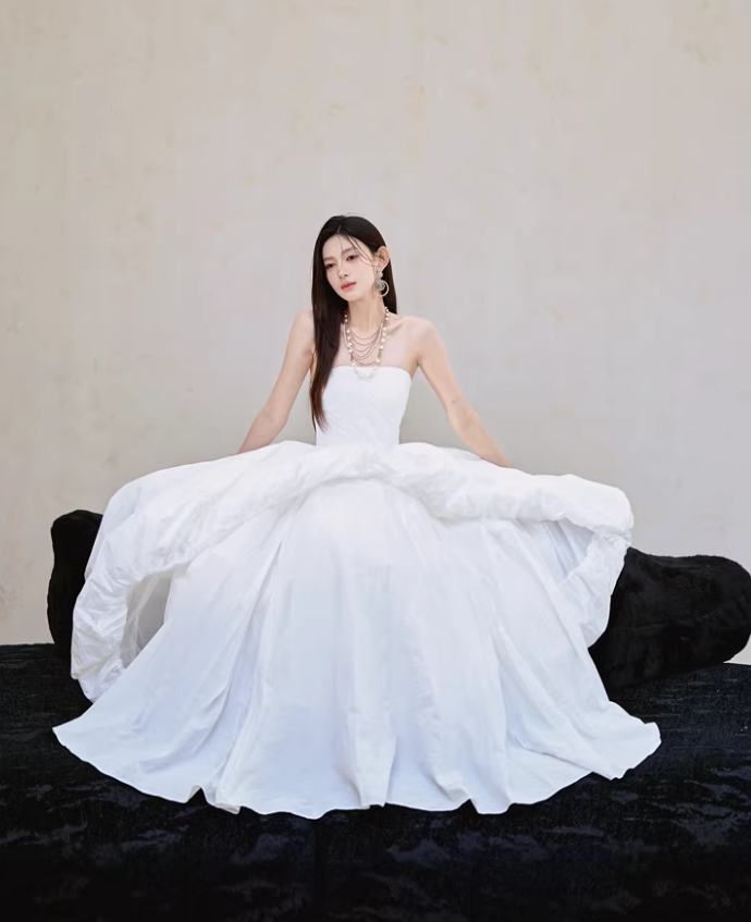Charming Strapless White Satin Pleated Puff Birthday Party Dress Formal Prom Dresses - View 8 | FashionDia