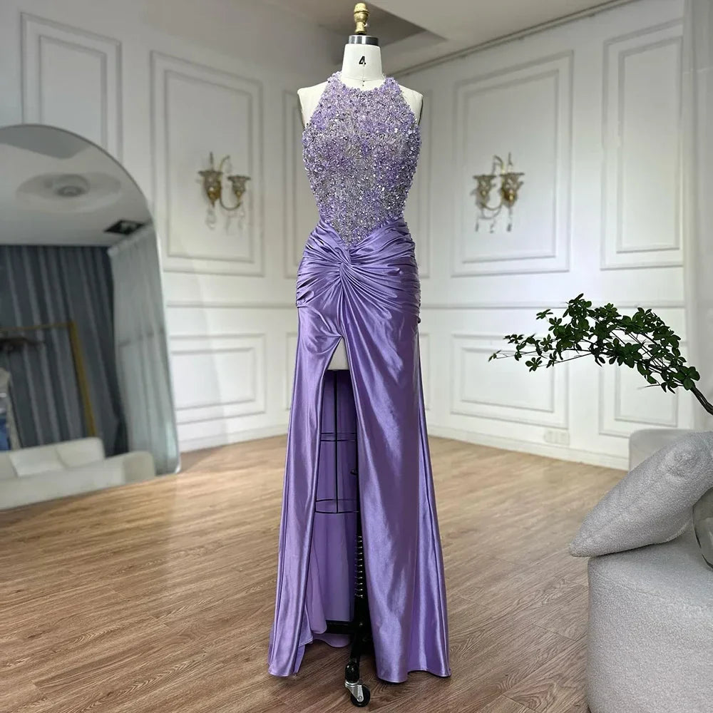 Zapdress Customized 2025 Lilac Halter Side Slit Mermaid Evening Gown Wedding Party Bridesmaid Dress for Women (ZD17315)