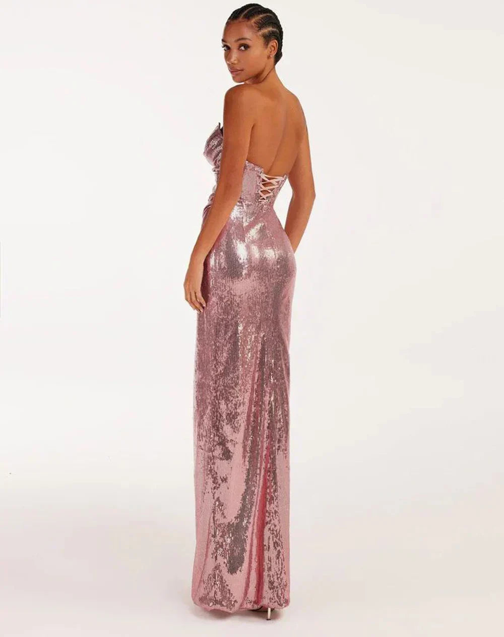 Sequined Strapless Slit Lace Up Ankle Length Dress
