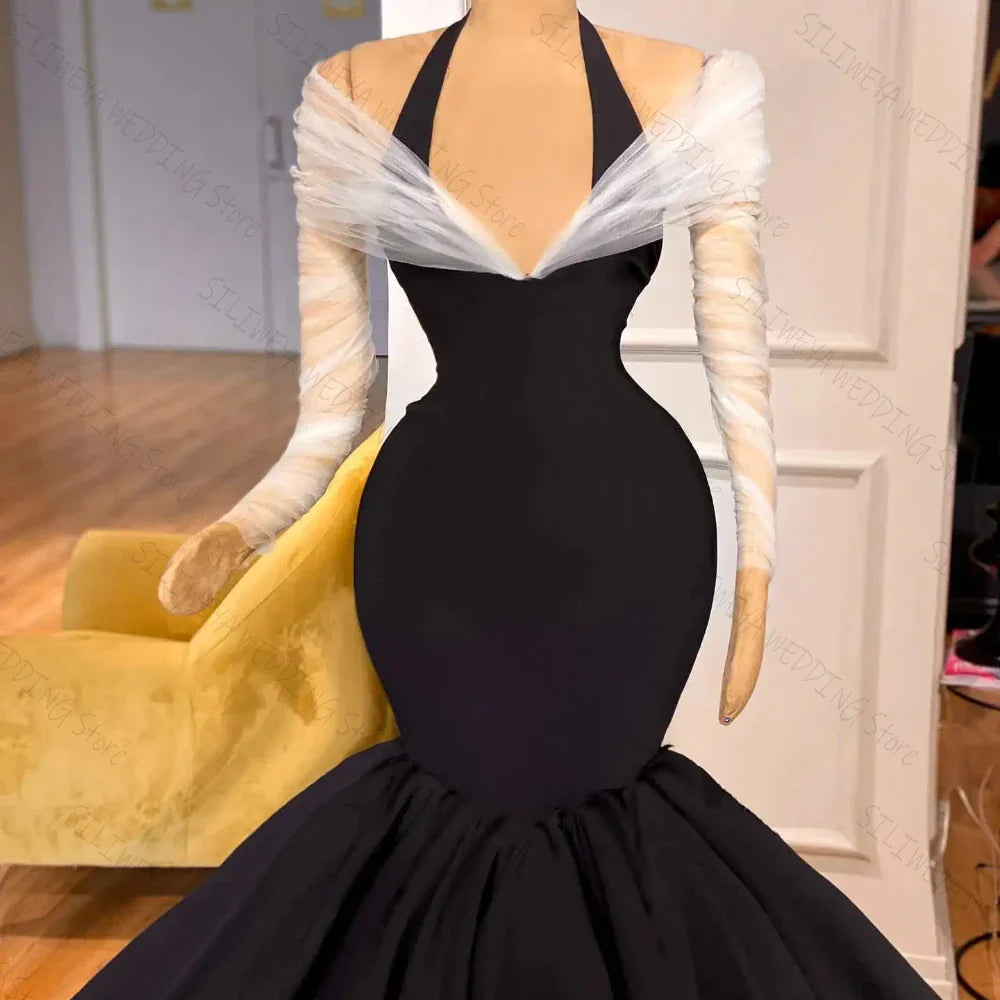 Black Elegant Halter Neck Mermaid Evening Dresses Off-The-Shoulder Floor-Length White Sleeves Gown Custom Vestidos De Gala