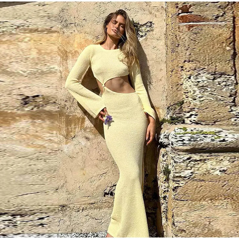 Knitted Hollow Out Solid O - neck Slit Maxi Dress