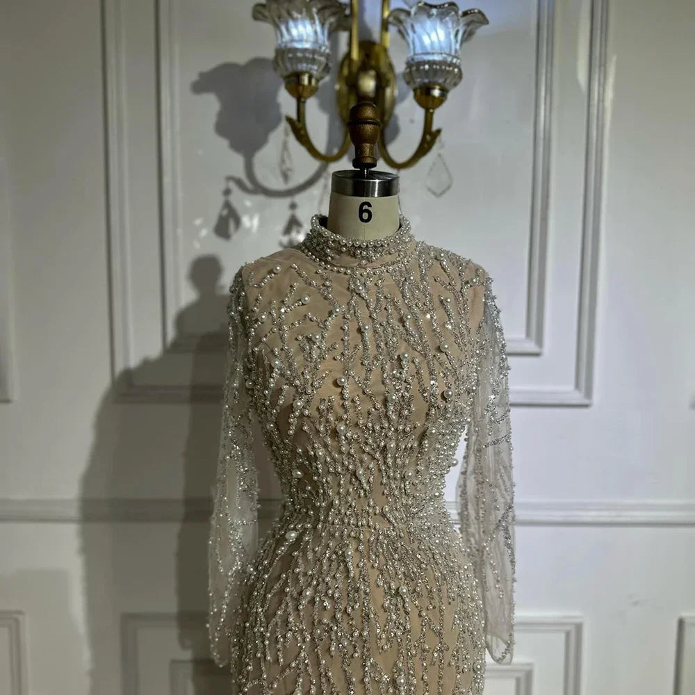 Zapdress 2025 Luxury Saudi Arabic Pearls Beaded Nude Mermaid Evening Dresses For Wedding Occasion DLA72345A Customized (ZD17310)