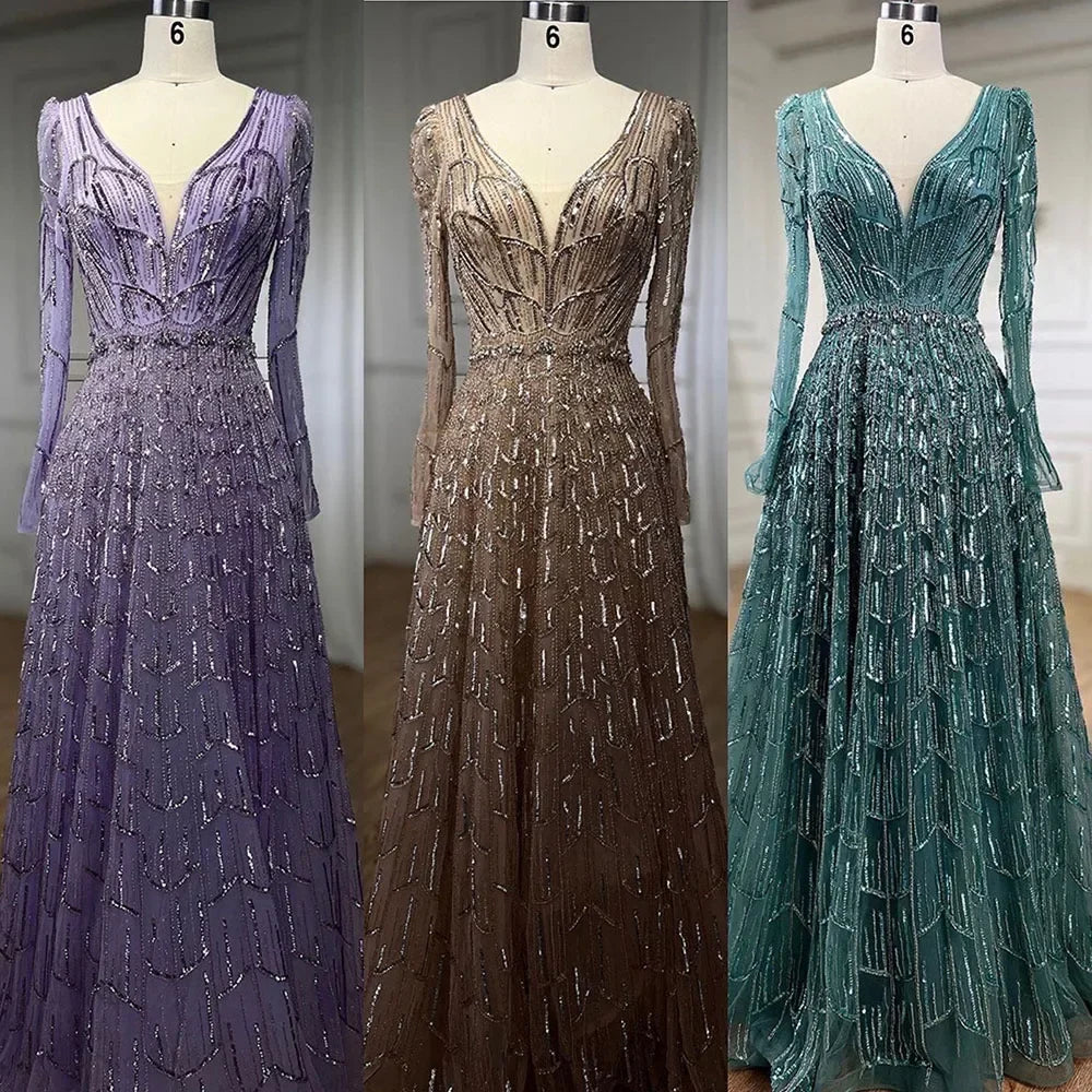 Zapdress Customized Turquoise Muslim Long Sleeve A Line V-Neck Evening Dresses Beaded Party Gowns For Women 2025 (ZD17333)