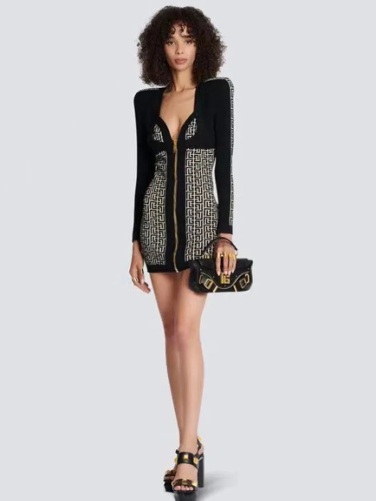 Black Color Women Long Sleeve Sexy Front Zipper Bodycon Mini Dress Rayon Bandage Fashion Runway Show Evening Dress