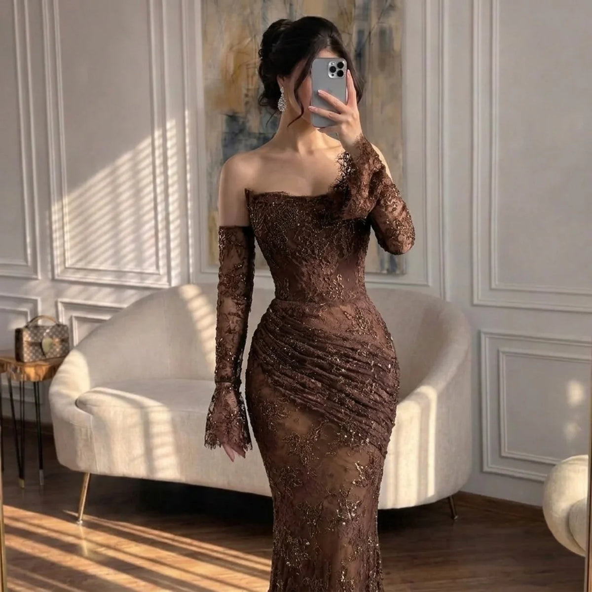 Zapdress Brown Lace Evening Gown Elegant Mermaid Ruched Slim Fit Party Dress for Women DLA73484 Customized (ZD17257)