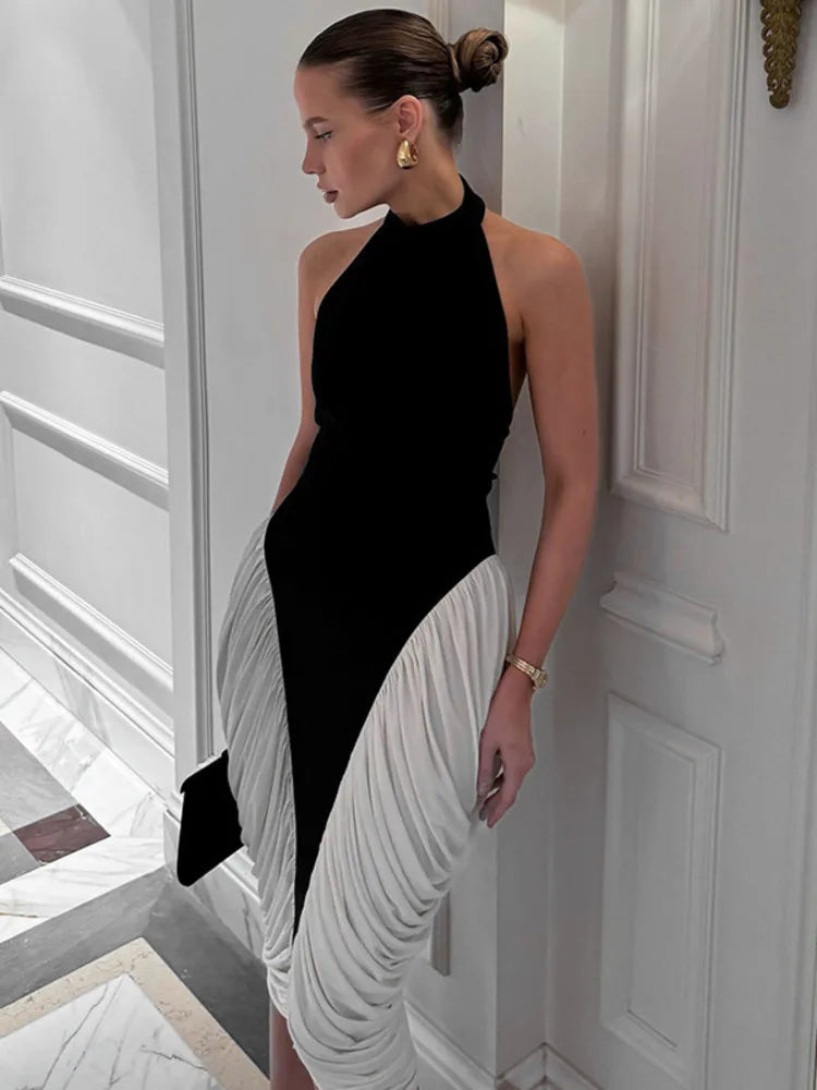 Patchwork Halter Backless Midi Dress - VelvetHem