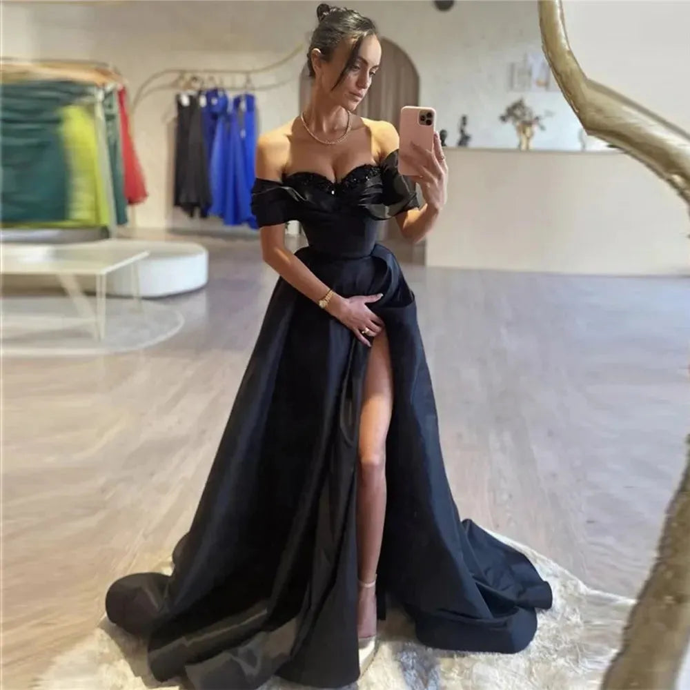 Elegant Black Satin Prom Dress A-Line Off The Shoulder High Slit Floor Length Ruched Evening Dress vestido de gala Black