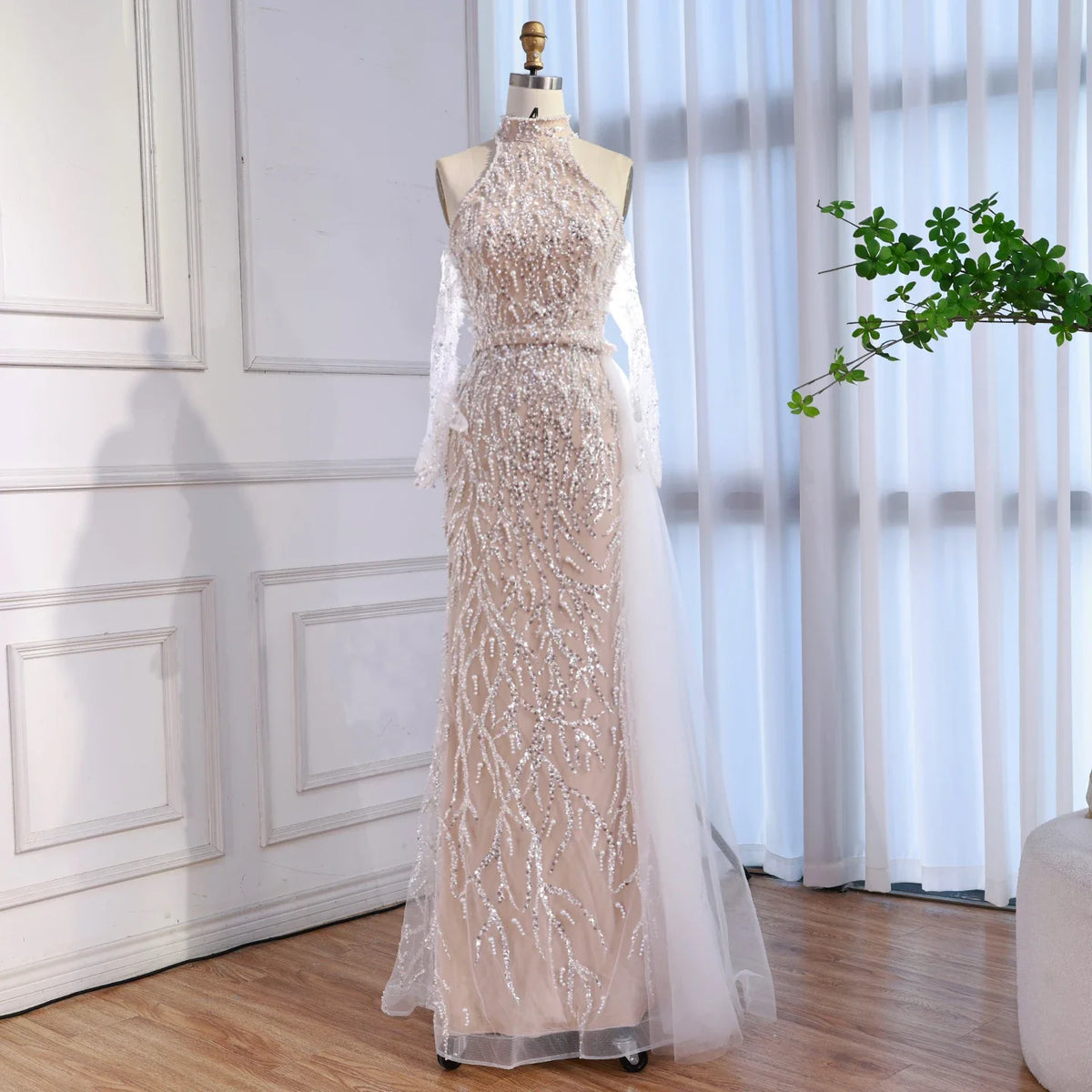 Zapdress White Nude Pearls Halter Mermaid Evening Gowns with Gloves Formal Party Dresses for Women 2026 Customized DLA72345F (ZD17349)