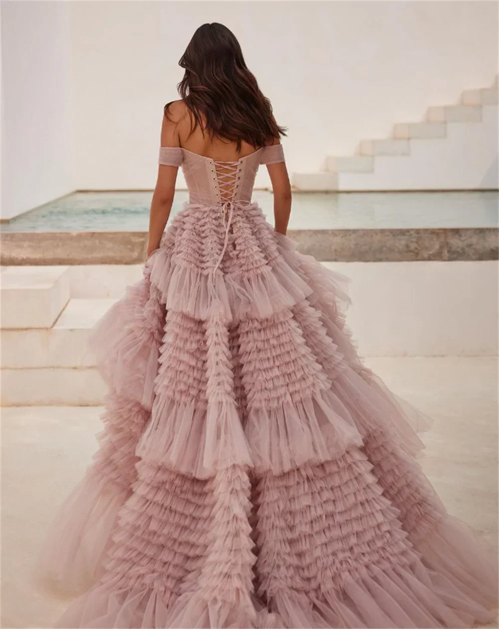 Pink Layered Tulle Prom Dress - View 2 | VelvetHem