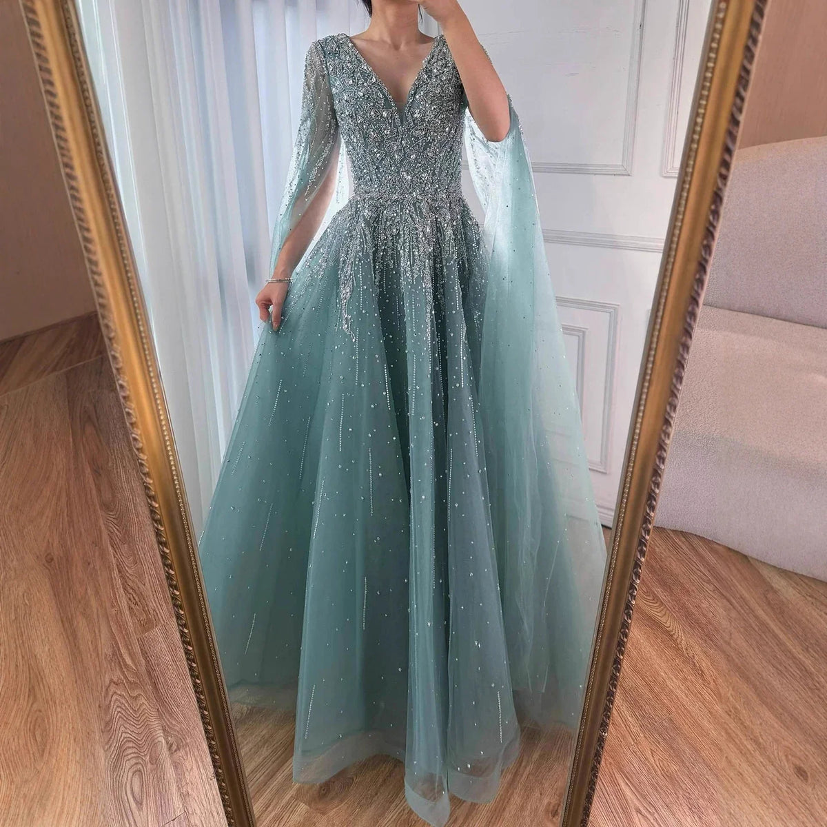 Zapdress 2026 Customized Pink Luxury Beaded A Line Evening Dress with Cape Sleeves Party Gowwns for Wedding Guest (ZD17209)