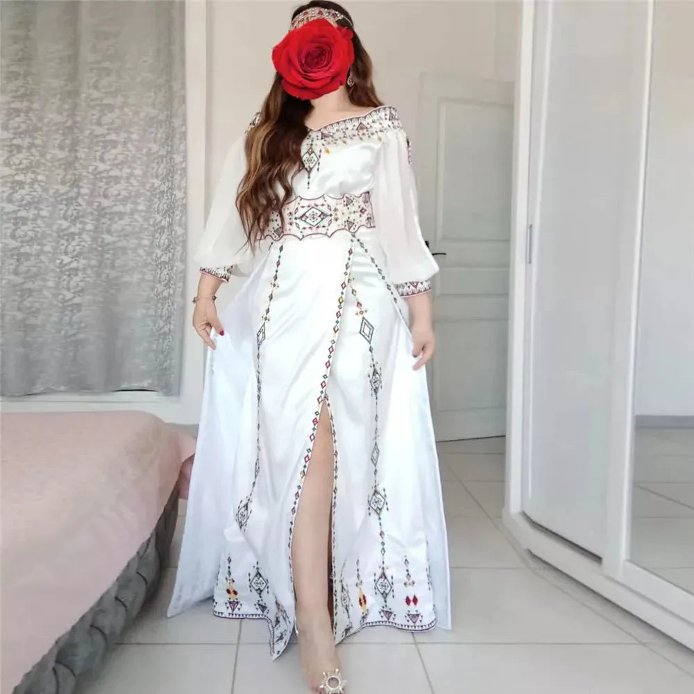 Elegant White Prom Dress A-Line Three Quarter Appliques High Slit Formal Evening Dress Floor Length Kafeta Party Gowns White