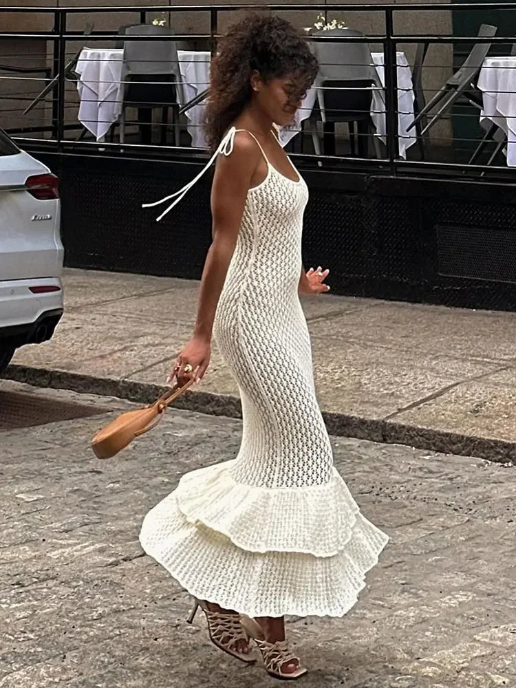 Spaghetti Ruffle Wrap Knit Beach Dress