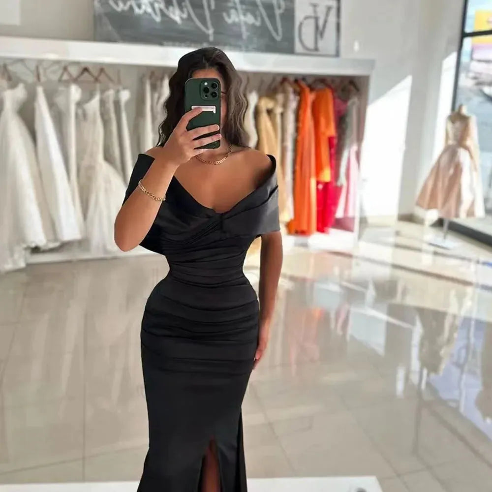 Black Simple Evening Dresses For Women Wedding Party Side Slit Prom Gowns Satin Formal Occasion Dress Robe De Soirée
