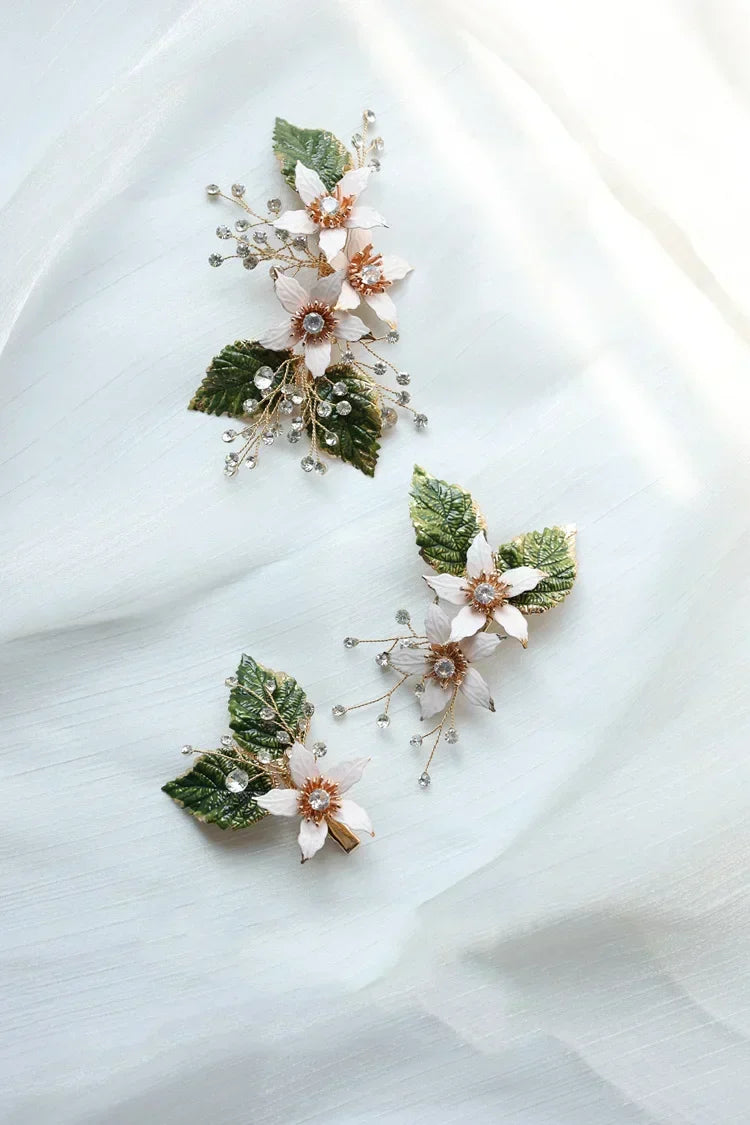 Wedding Accessories Flower Leaf Hair Pin Clip Gold Color Hairpin Bride Bridesmaids Rhinestones Crystal Head Piece Bridal Jewelry