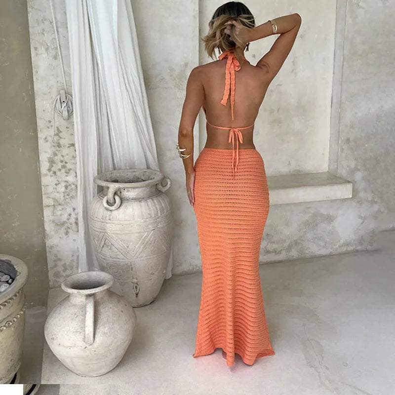 Solid Knitted Bikini Cover Summer Slip Dress - View 2 | VelvetHem