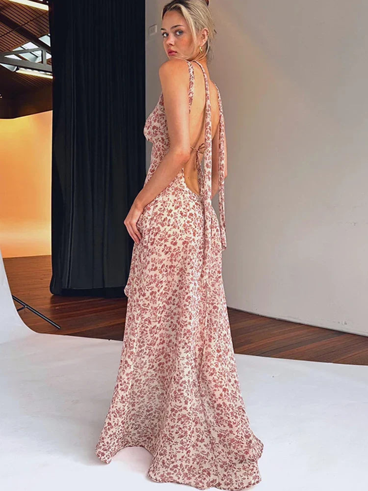 Chiffon Lace Up Slit Floral Dress - VelvetHem