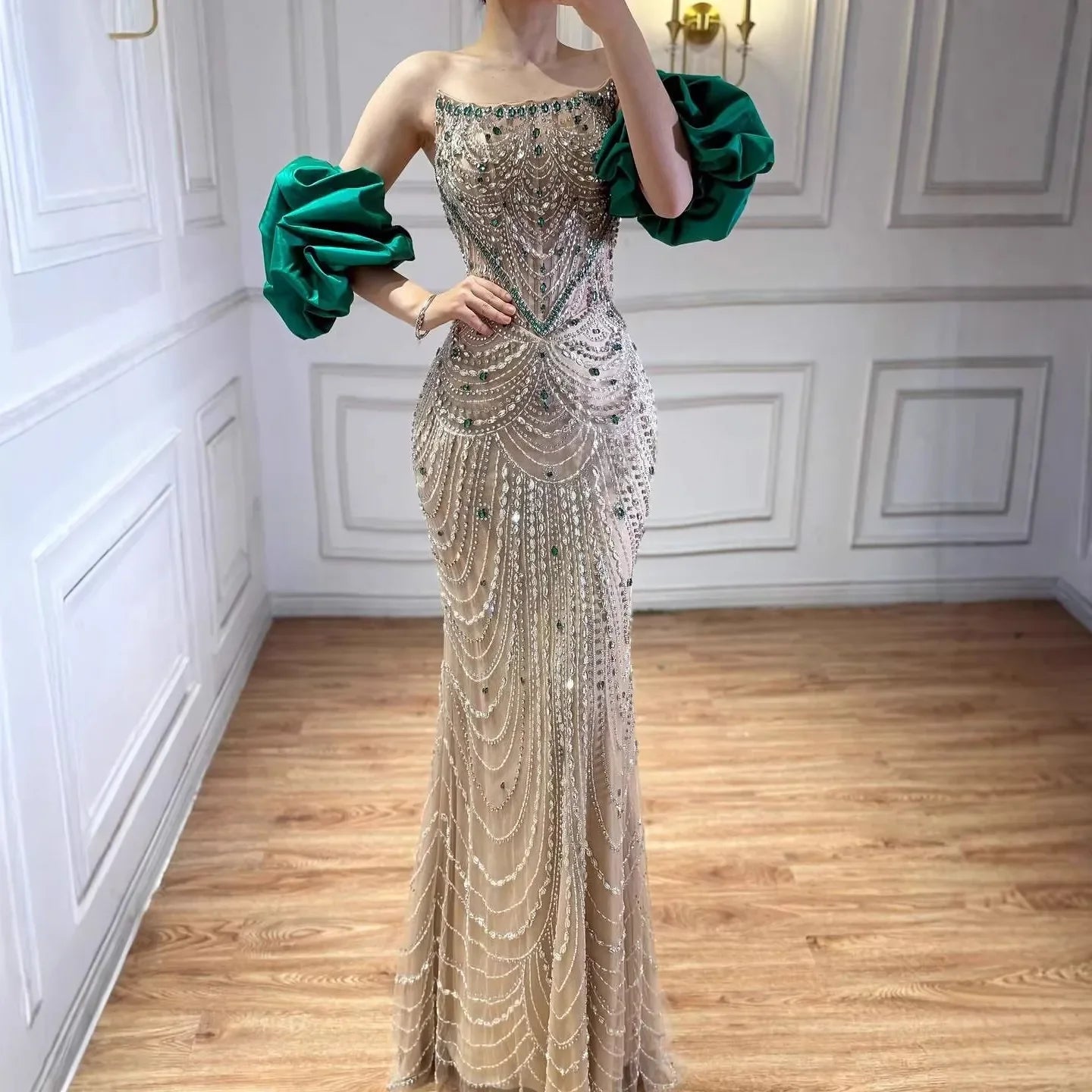 Luxury Beaded Evening Dresses with Elegant Puff Sleeves Pearl Beaded Adorned Design Zapdress DLA72903 Customized (ZD17265)
