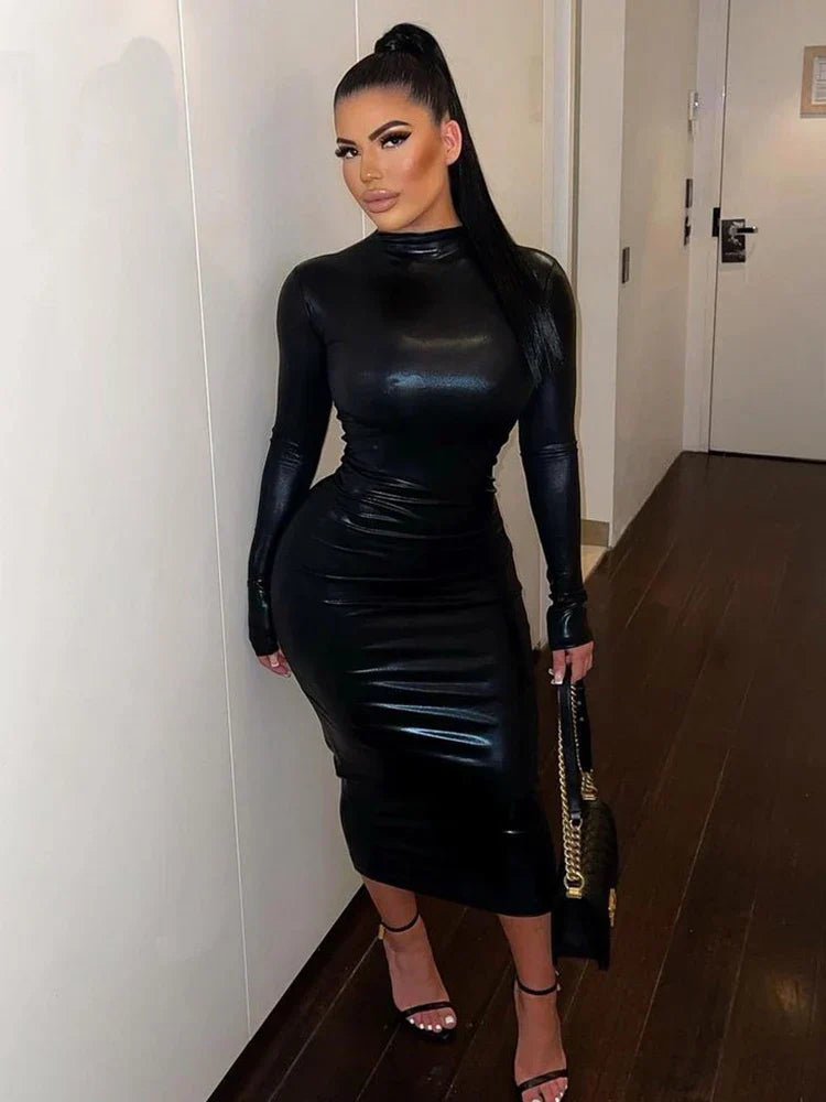 Faux Leather Turtleneck Slim Midi Dress - View 4 | VelvetHem